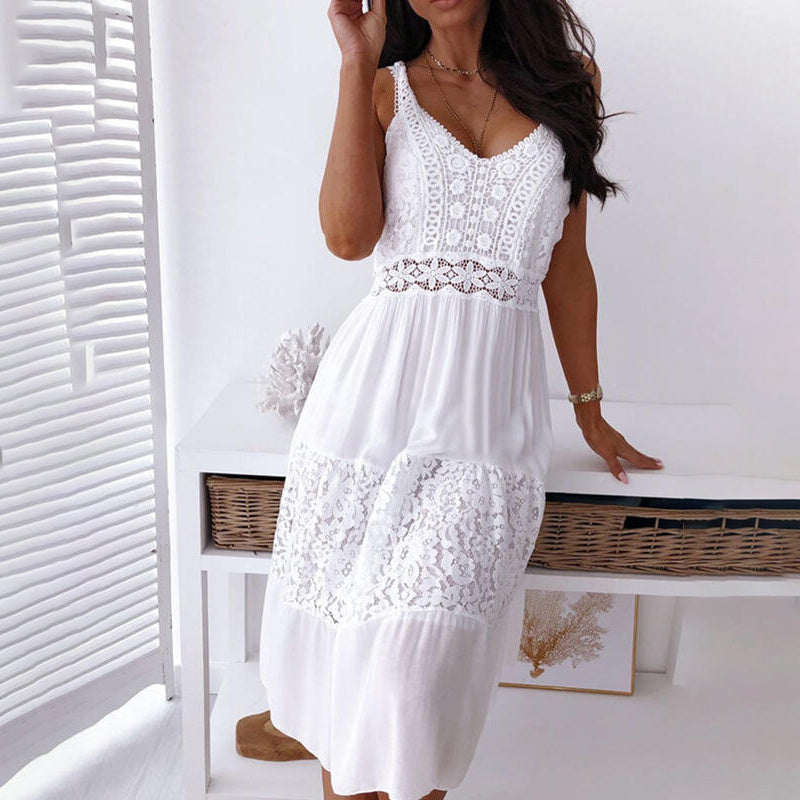 Bohemian Lace Trim Sleeveless Dress - V-Neck Sexy Cutout Summer Maxi Dress