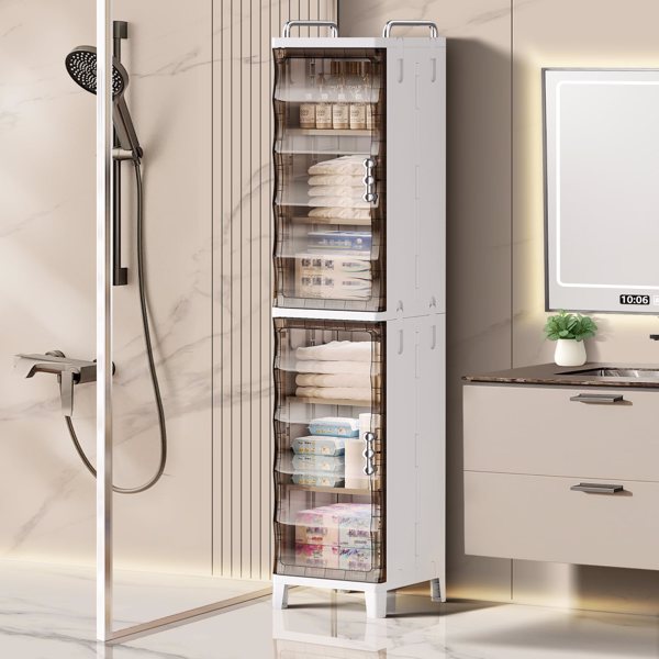Narrow Slit Folding Storage Cabinet Plastic Magnetic Door Storage Cabinet Storage Cabinet Suitable For Bathroom, Toilet, Living Room, Bedroom Storage