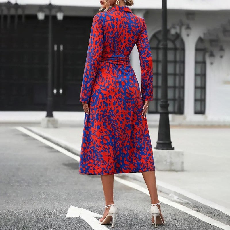 Women's Elegant V-Neck Belted Slit Dress With Leopard Print & Button Details Comfortable Spring & Fall Blend