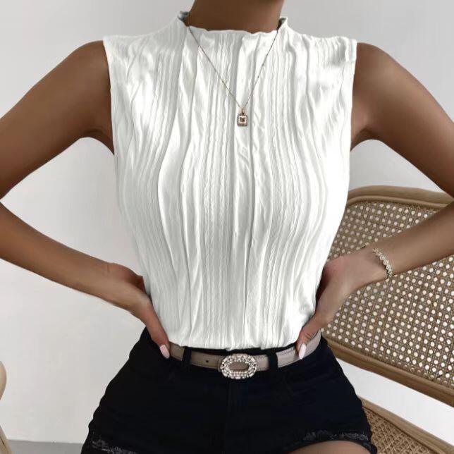 Ladies' Fashionable Versatile Solid Color Pleated Fabric Pleated Collar Detail Off Shoulder Slim Fit Vest Top