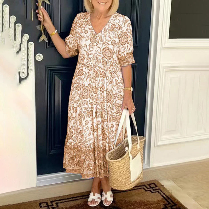 Women's Plus Size V-Neck Floral Print Dress - Loose Fit Casual Spring Summer Dress