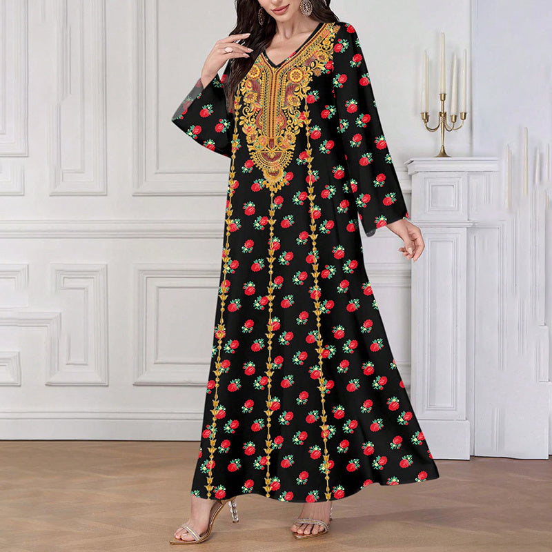 Women's Plus Size Ethnic Maxi Dress - Bohemian Embroidered Floral Print V-Neck Retro Long Dress