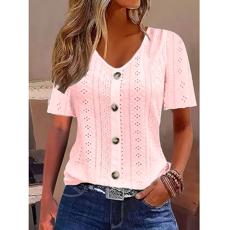 Women's V Neck Short Sleeve Eyelet Tops Summer Casual Loose Fit Button T Shirts