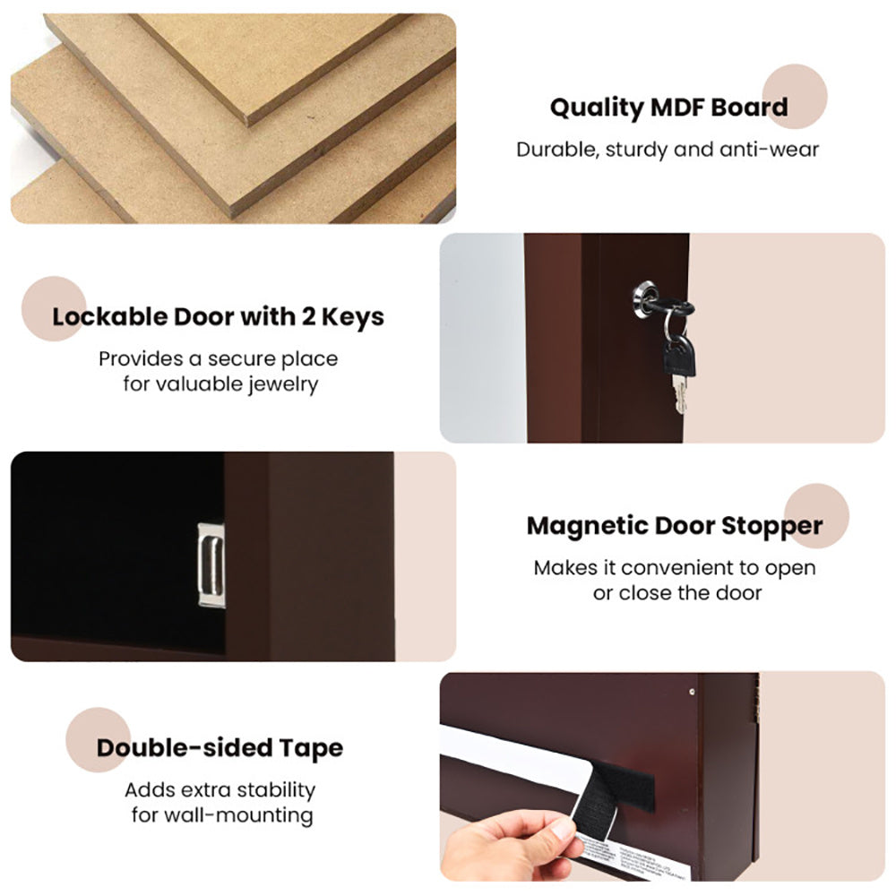 Lockable Wall Mount Mirrored Jewelry Cabinet With LED Lights