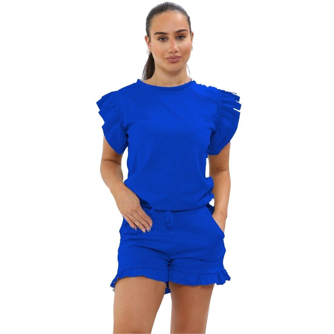 Ladies Frill Peplum Sleeve Top And Short 2 Piece Tracksuit Set