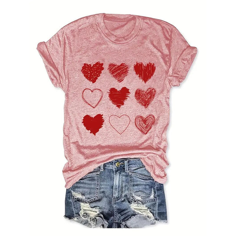 Women's Round Neck Short Sleeve T-Shirt With Patterned Heart Print, Casual Summer Tee