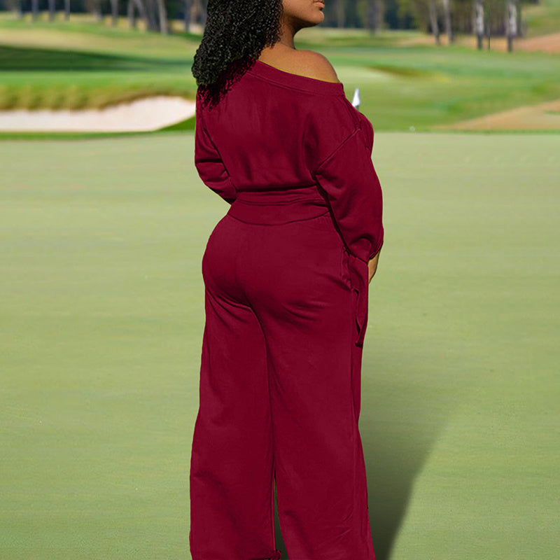 Women's One-Shoulder Casual Set - Solid Color Long Sleeve Top & Elastic Waist Pants With Drawstring & Pockets For Spring & Fall