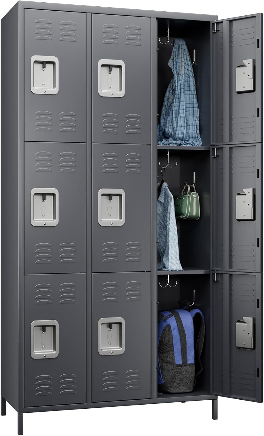 9 Doors Metal Storage Locker With 27 Hooks,Metal Lockers For Employees With Lock For School Office Gym Bedroom,Assembly Required,Dark Grey