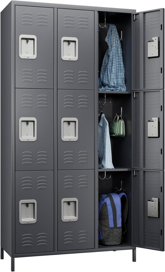 9 Doors Metal Storage Locker With 27 Hooks,Metal Lockers For Employees With Lock For School Office Gym Bedroom,Assembly Required,Dark Grey