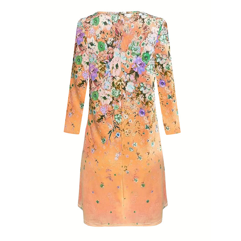Women's Boho Floral Print Long Sleeve Tunic Dress  Casual Crew Neck Loose Mini Dress