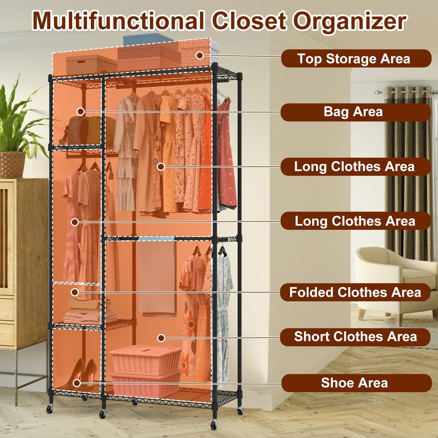 1Pc 4 Tier Heavy Duty Garment Rack With Wheels Carbon Steel Clothing Rack Portable Wardrobe Clothes Rack With 3 Hanging Rods 6 Footrests 44.9x17.13x77.95in
