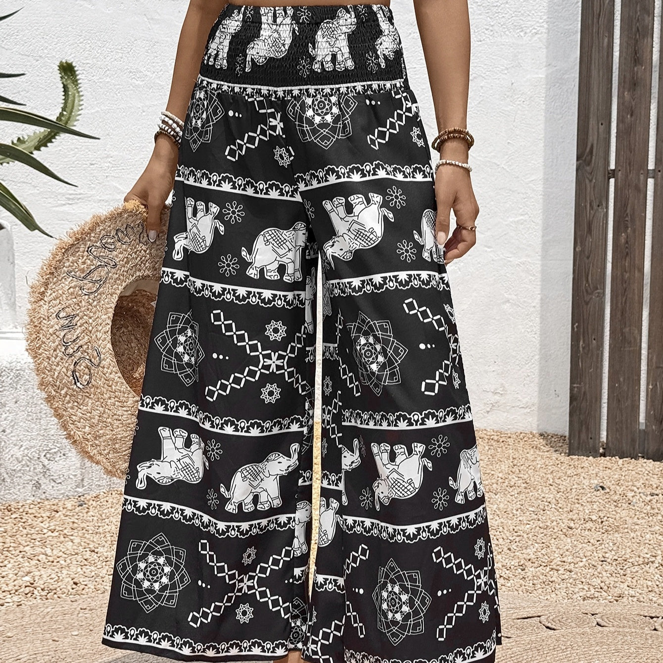 Ladies' Summer Elephant Print Pleated Fashionable And Elegant Wide Leg Pants