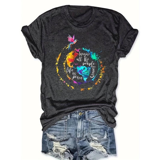 Women's Round Neck Short Sleeve Colorful Birds Around Earth Print T-Shirt Casual Summer Top
