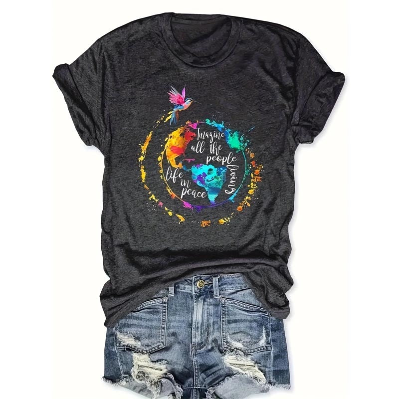Women's Round Neck Short Sleeve Colorful Birds Around Earth Print T-Shirt Casual Summer Top