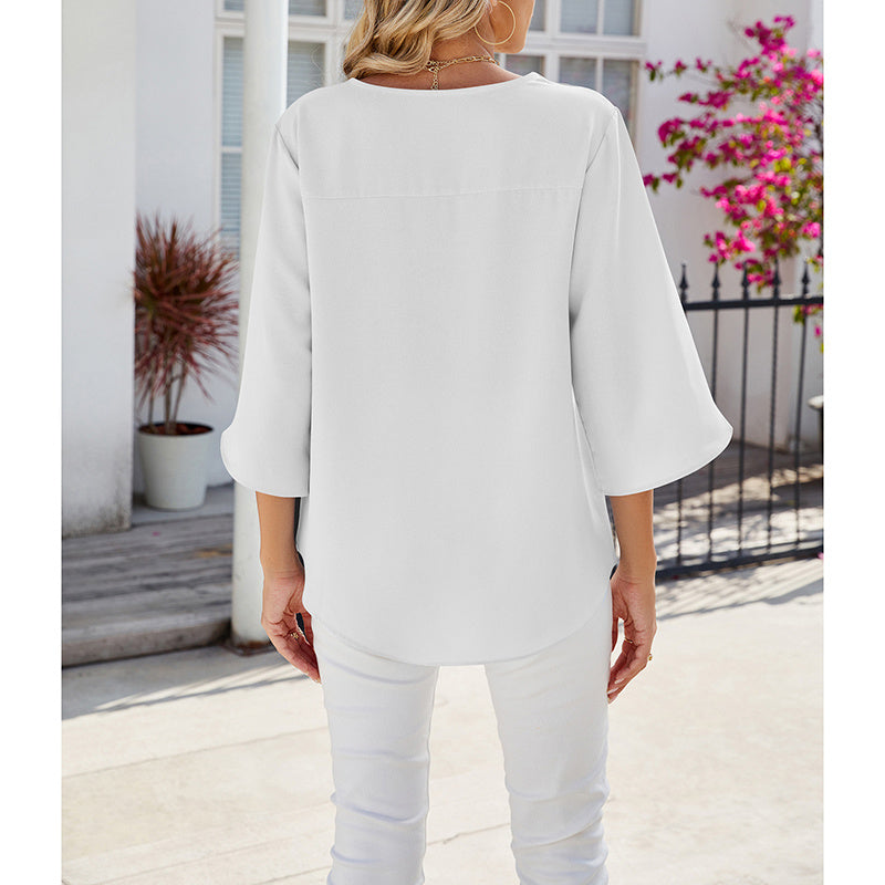 Women's Chiffon Blouses 3 4 Sleeve Summer Dressy Tunic Tops Casual Loose V Neck T-Shirts