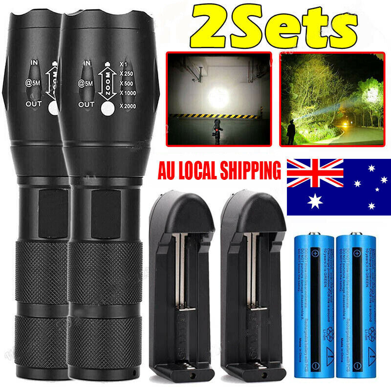2x 990000LM Bright LED Flashlight Rechargeable Torch Camping Zoom Light Lamp
