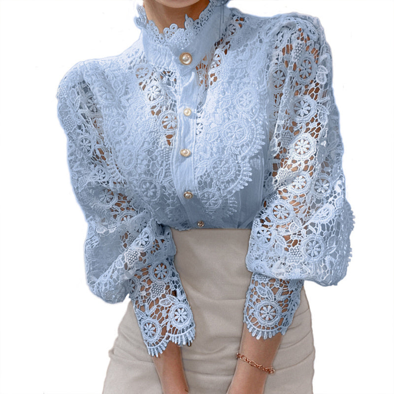 Elegant Women's Vintage Pearl Button Lace Blouse - Puff Sleeve Semi-Sheer Ruffled Stand Collar Shirt Spring&Summer Office & Vacation Top