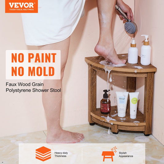 VEVOR Corner Shower Bench, Faux Wood Grain Polystyrene, 350 LBS With Storage Shelf, Water Resistant, Shower Stool For Inside & Outside Shower, For Bathroom, Living Room