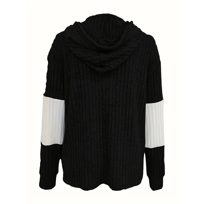 Women's Long Sleeve Color Block Zip-Up Hooded Hoodie Jacket Drawstring Ribbed For Spring & Fall Casual