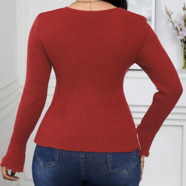 Ladies' Contrasting Cross Hem V-neck Slim Fit Long Sleeved Autumnwinter T-shirt Top