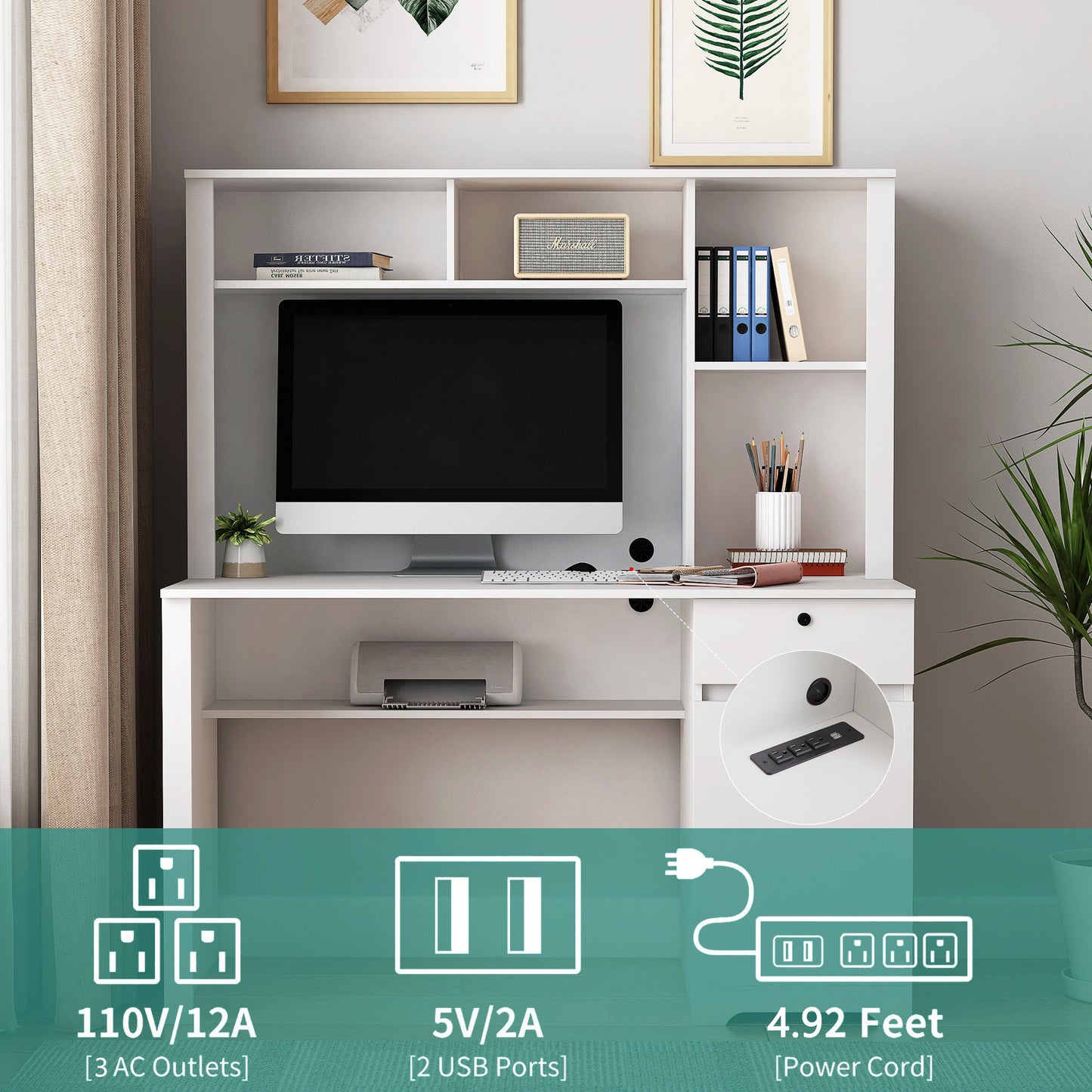 Computer Desk With Hutch & Bookshelf,Wood Executive Desk Teens Student Desk Writing Laptop Home Office Desk With Drawers,3 AC Outlets And 2 USB Charging Ports,Study Laptop Table For Home