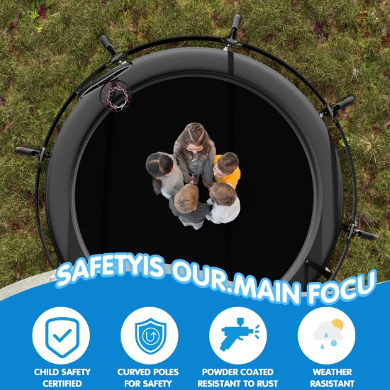 12 FT TRAMPOLINE BLACK PUMPKIN-STYLE SAFETY NET WITH BASKETBALL HOOP