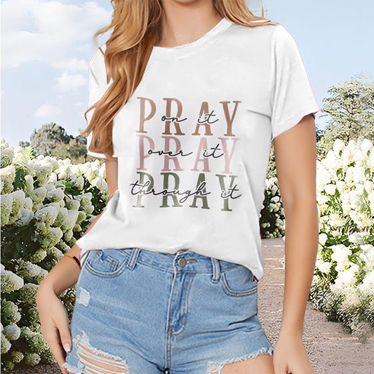 Women's 'PRAY' Print Round Neck Short Sleeve T-Shirt, Casual Summer Tee