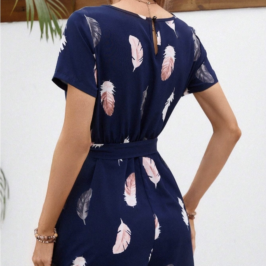 Ladies' Round Neck Feather Print Collar Strap Fashionable Casual Jumpsuit