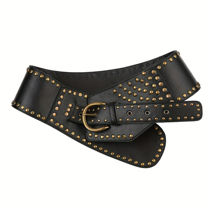 Asymmetric Belt Rivet Sewing Leather Wide Waist Seal