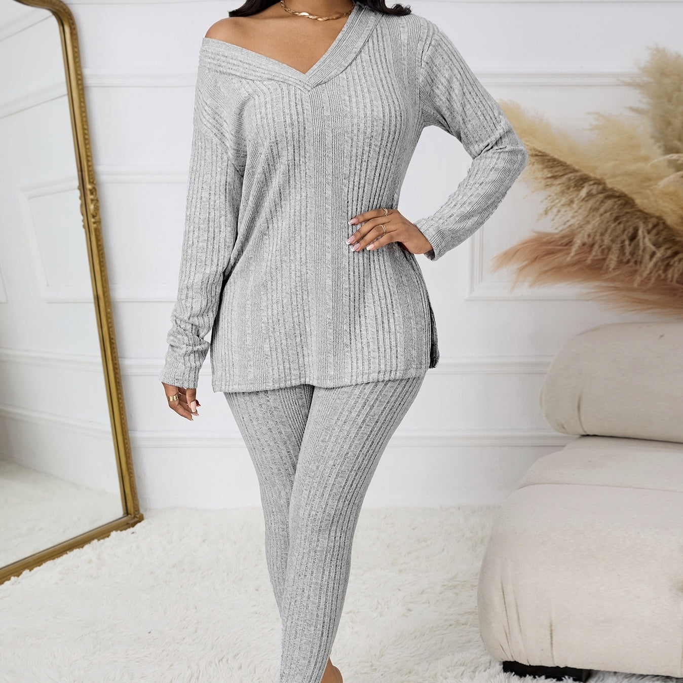 Women's Knitted V-neck Top With Split Hem Details, Versatile Two-piece Set