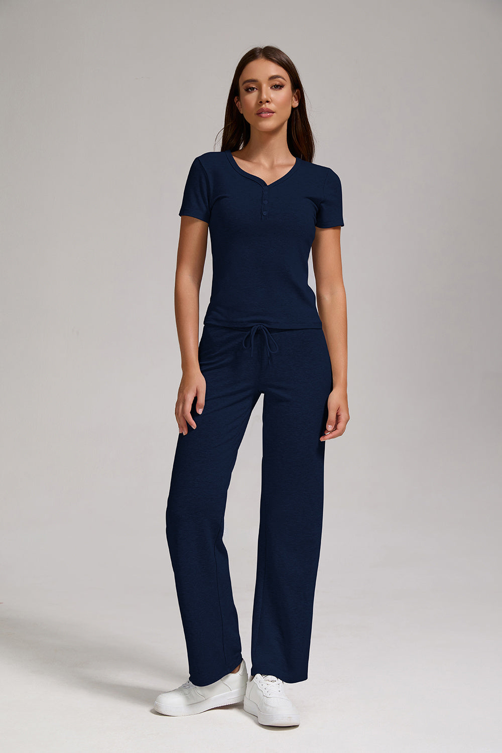 Women's Casual Sports Two-piece Set With V-neck Button, Short Sleeved, Low Waisted Flared Pants, Sportswear