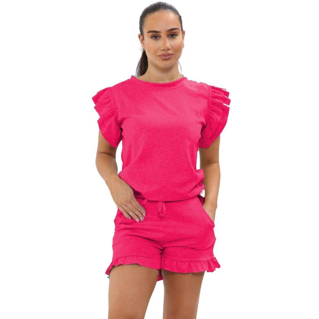 Ladies Frill Peplum Sleeve Top And Short 2 Piece Tracksuit Set