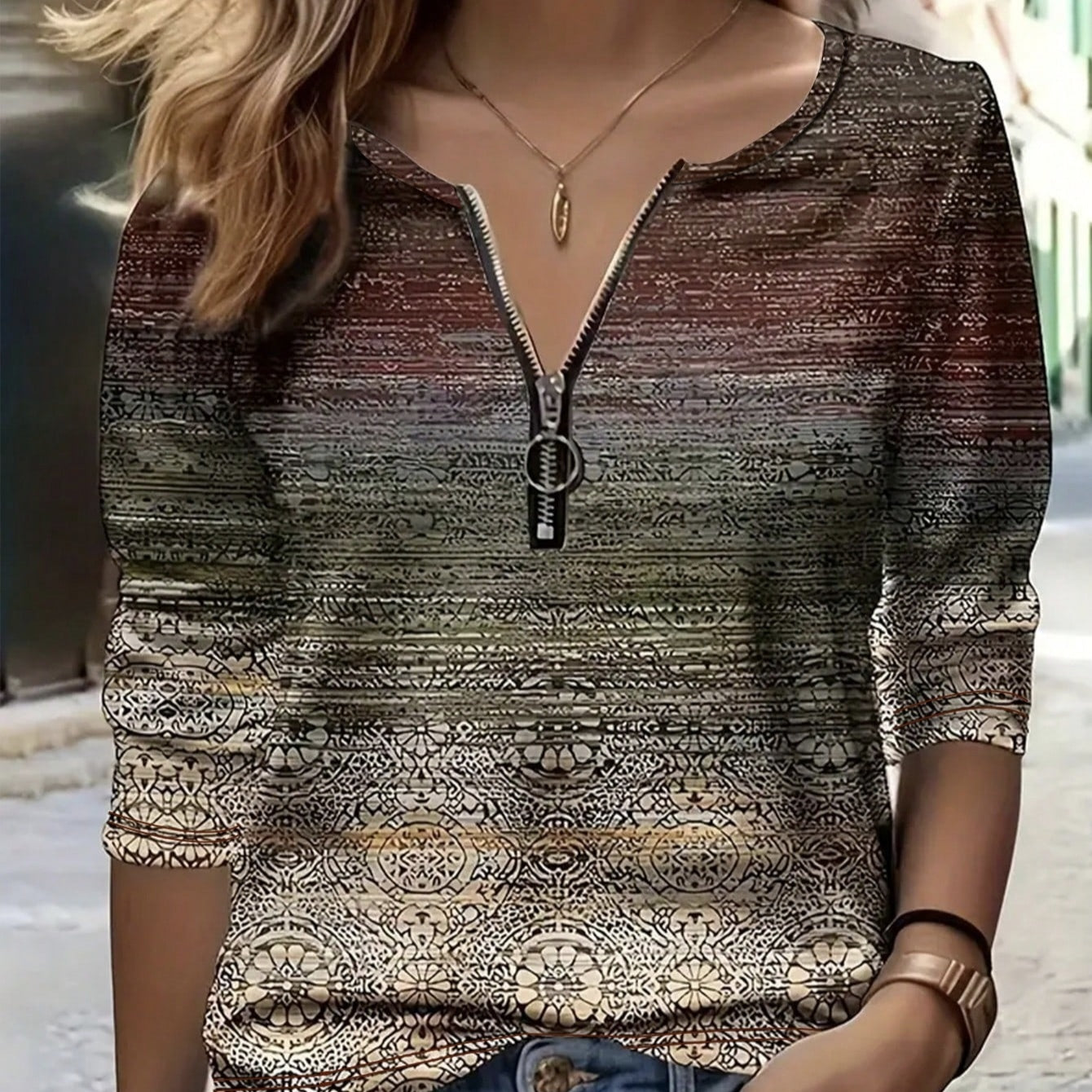 Ladies' Spring And Autumn Summer New Style Upbound Zipper Detail Retro All Round Printed Elegant Style Long Sleeve T-shirt Top