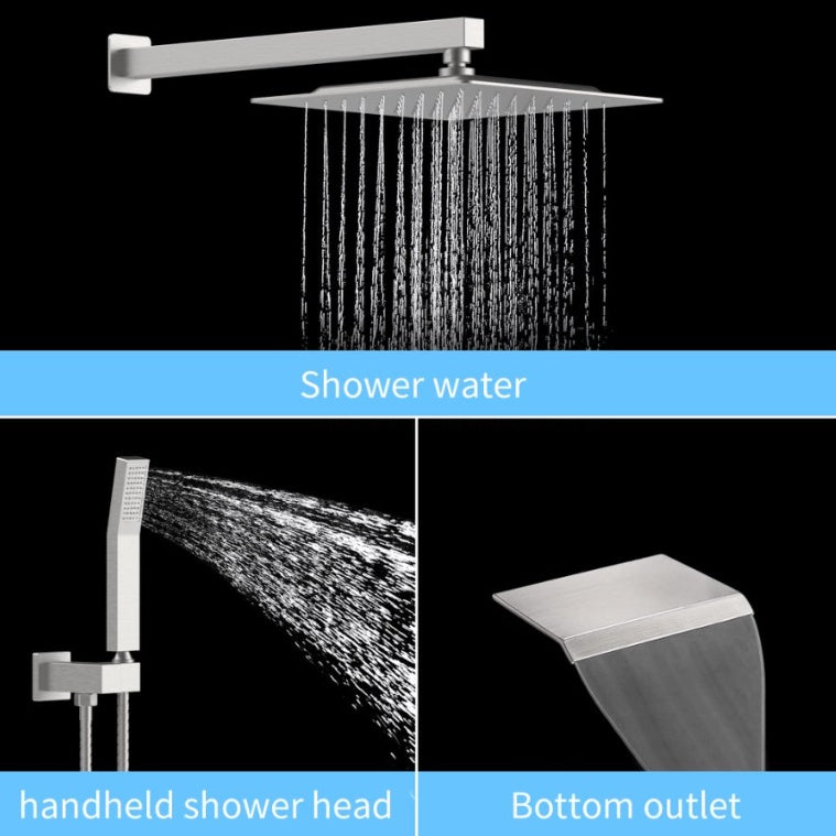 Rain Shower System Matte Black Tub Shower Faucet Set 10 Inch Square Rainfall Shower Head With Handheld Sprayer And Waterfall Tub Spout Pressure Balance Rough-in Valve Shower Mixer Combo