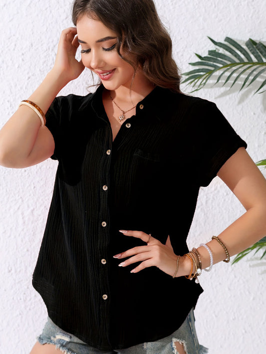 Women's V-Neck Blouse With Button Front Lightweight  Pockets Casual Short Sleeve Shirt Spring & Summer