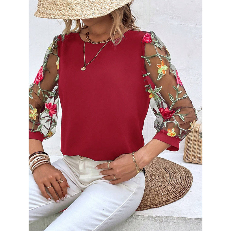 Women's Floral Embroidery Contrast Mesh Puff Sleeve Crew Neck Tee Shirt Tops