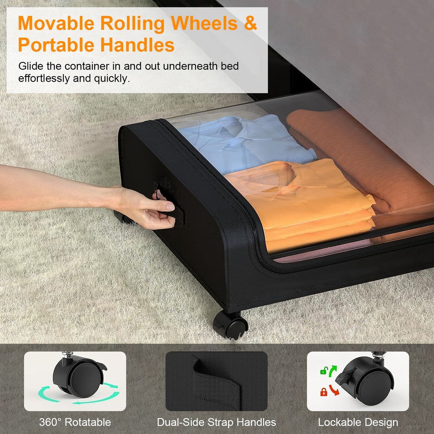 2Pcs  Under Bed Storage Containers With Lid Wheels Strap Handles 42L 11Gal Per Container Fedex Shipping