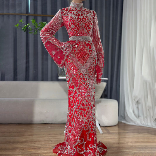Red High Collar Fishtail Evening Long Dress