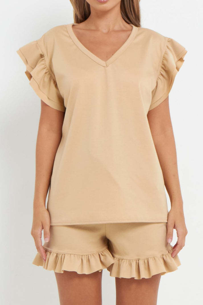 Ladies V Neck Frill Peplum Sleeve Top And Short 2 Piece Tracksuit Set