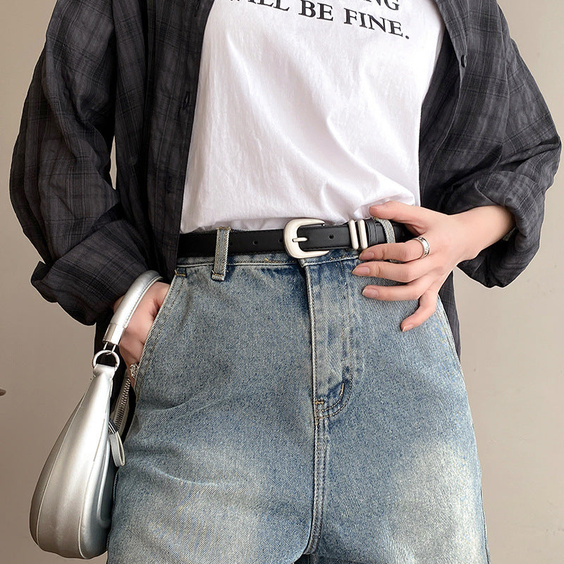 Minimalist Silver Buckle Crescent Thin Belt