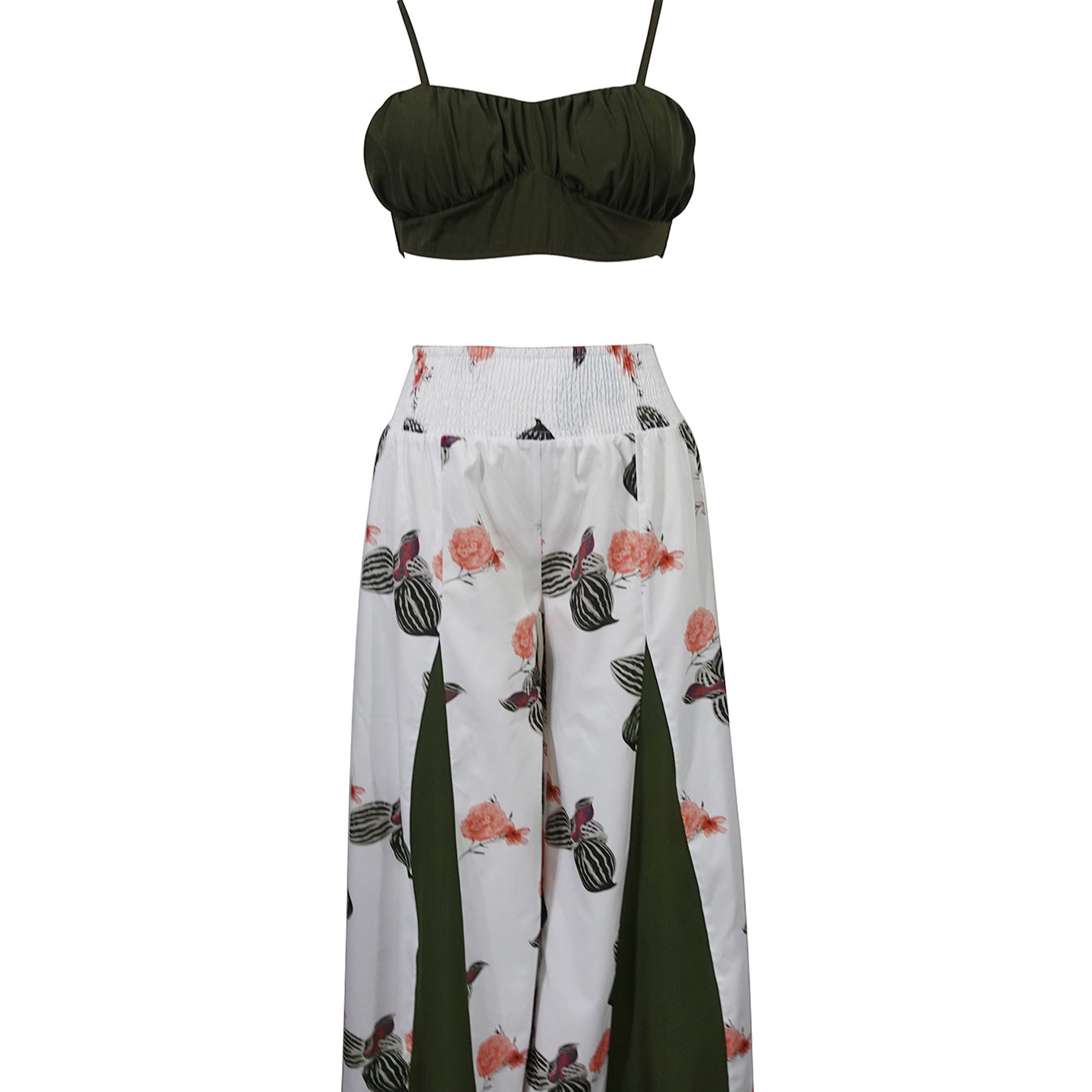 Women's New Solid Color Sexy Top Fashionable Flower Print Contrasting Pants Vacation Two-piece Pants Set