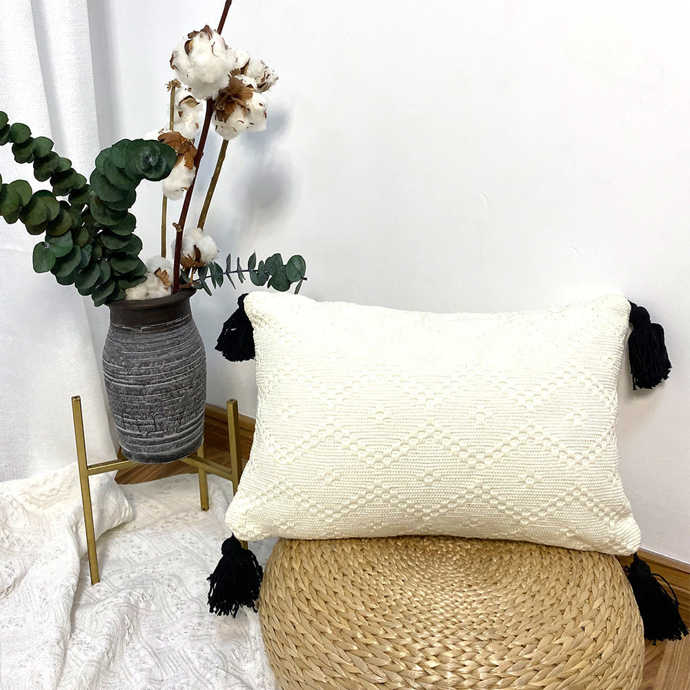 Cotton Woven Diamond Lattice Fringed Waist Pillow Stitching Pillow