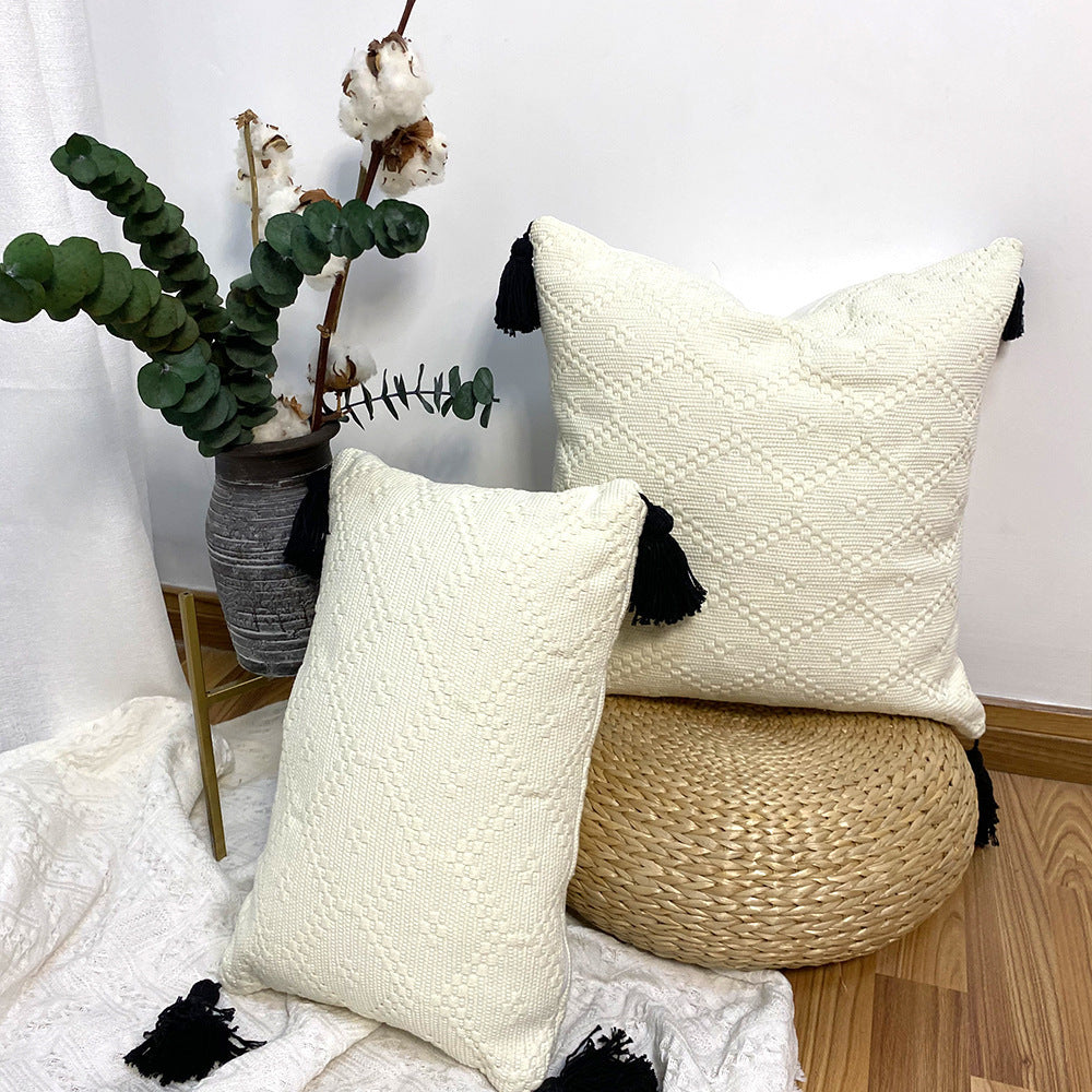 Cotton Woven Diamond Lattice Fringed Waist Pillow Stitching Pillow