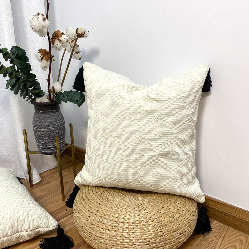 Cotton Woven Diamond Lattice Fringed Waist Pillow Stitching Pillow