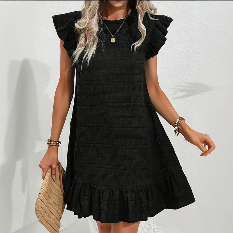 Womens Plus Size Round Neck Solid Dress Falbala Sleeveless Ruffled Summer Dress With Pleated Detail