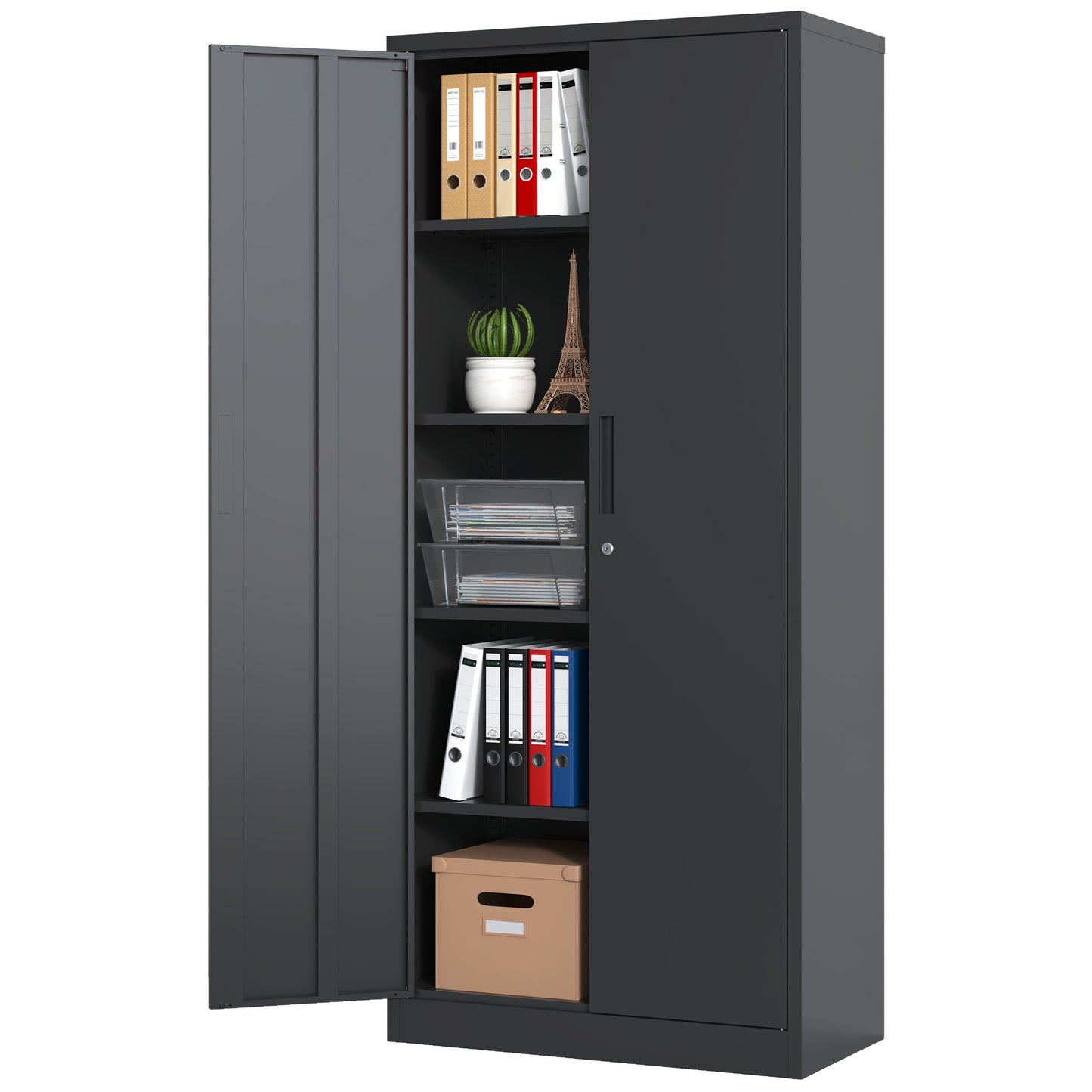 Metal Garage Storage Cabinet, Black Tool Steel Locking Cabinet With Doors And 4 Shelves, Tall Cabinets For Garage Storage Systems Lockable File Cabinet For Home Office, Classroom Pantry
