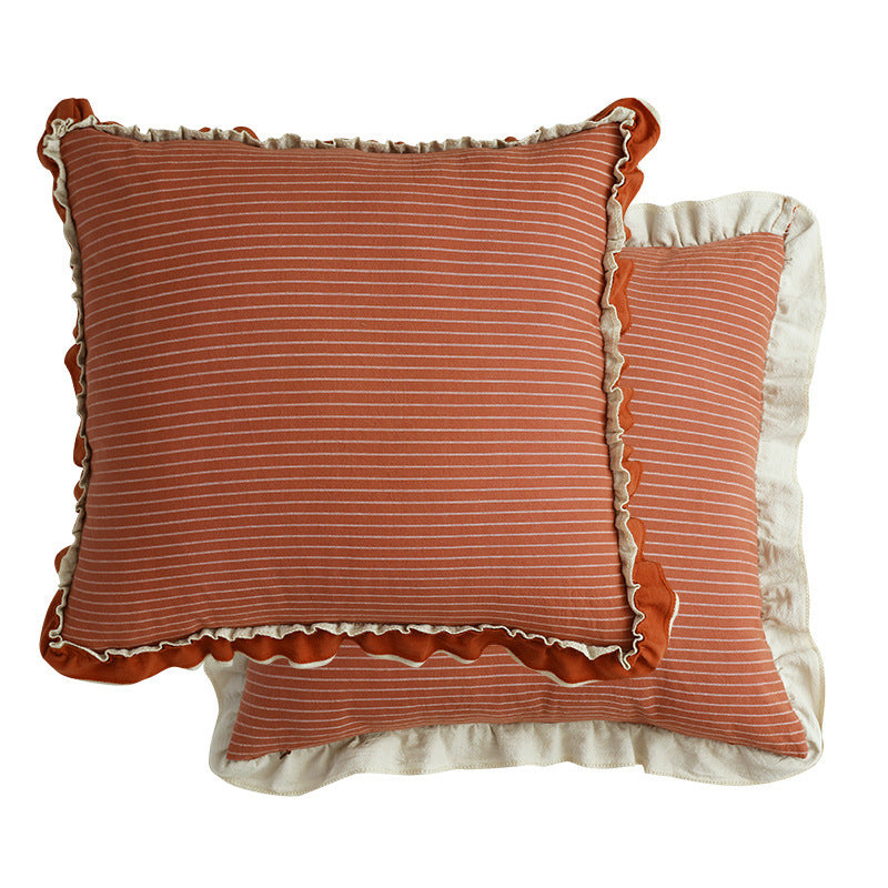 Cotton Sand-Washed Lotus Leaf Lace Sofa Pillow, Pastoral Striped British Style Sweet Sofa Waist Pillow Cushion Cotton sand-washed lotus leaf lace sofa pillow, pastoral striped British style sweet sofa