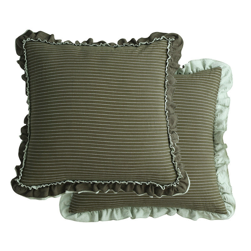 Cotton Sand-Washed Lotus Leaf Lace Sofa Pillow, Pastoral Striped British Style Sweet Sofa Waist Pillow Cushion Cotton sand-washed lotus leaf lace sofa pillow, pastoral striped British style sweet sofa