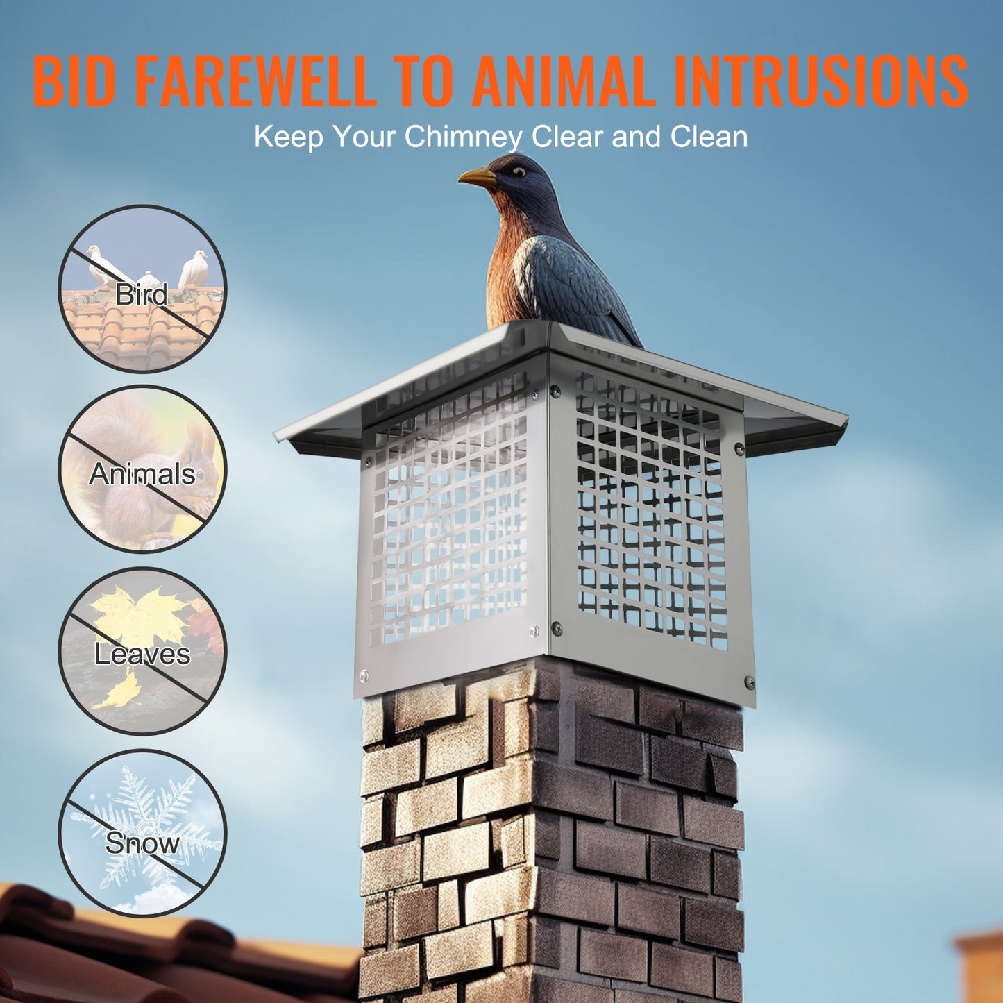 VEVOR Chimney Cap, 13 X 9 Inch, 304 Stainless Steel Fireplace Chimney Cover, Not Easily Toppled & Practical Accessories & Easy Installation, Fits Mesh Flue Covers Outside Clay Flue Shingles, Silver