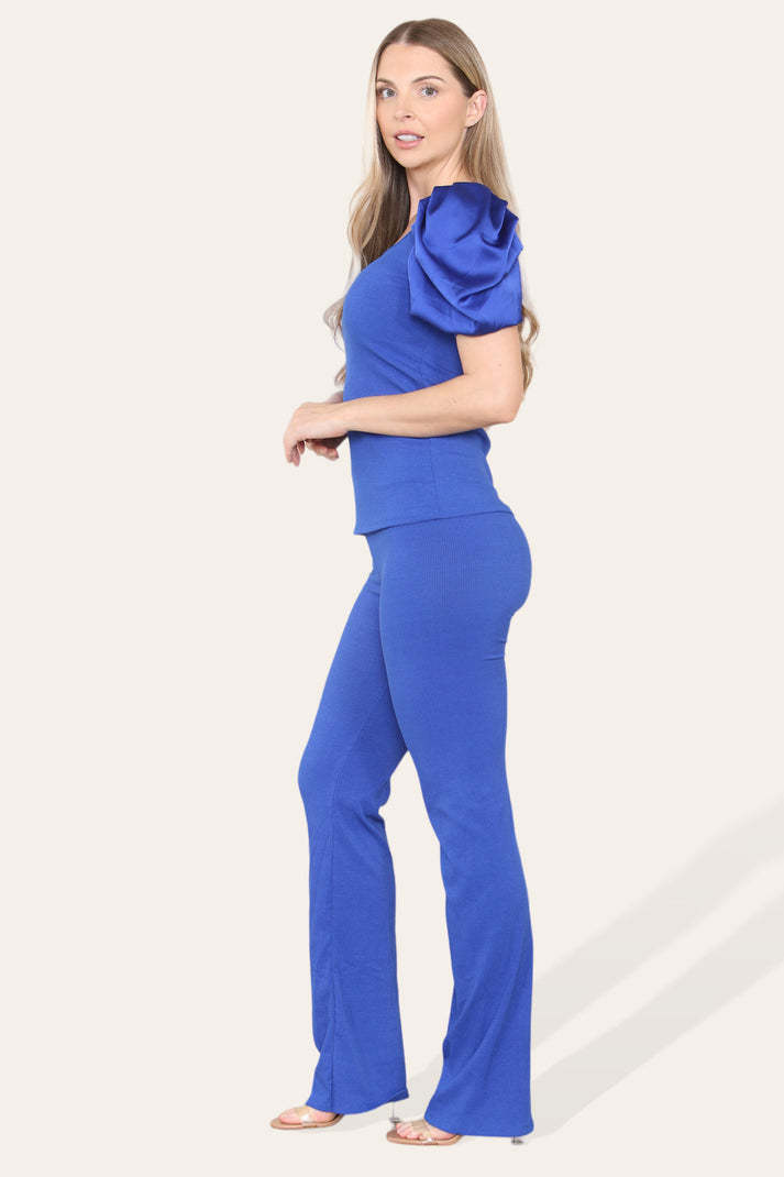 Silky Satin Puff Sleeves Ribbed Lounge Set